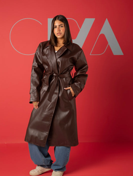 Leather Trench Coat-Brown