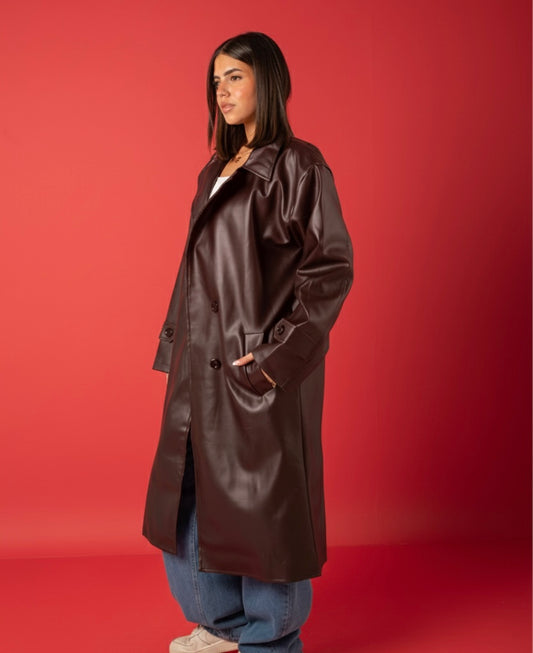 Leather Trench Coat-Brown